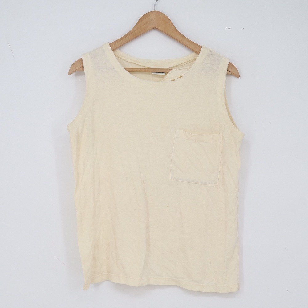 Allen Allen Tank Top Womens M Cream Distressed Pocket Sleeveless Tee USA Fair